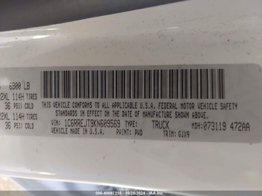 2019 RAM 1500 LARAMIE  4X2 5'7 BOX - 1C6RREJT9KN609569