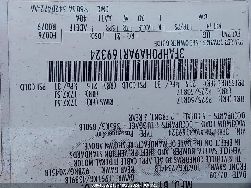 2010 Ford Fusion Se VIN: 3FAHP0HA9AR169324 Lot: 40697233