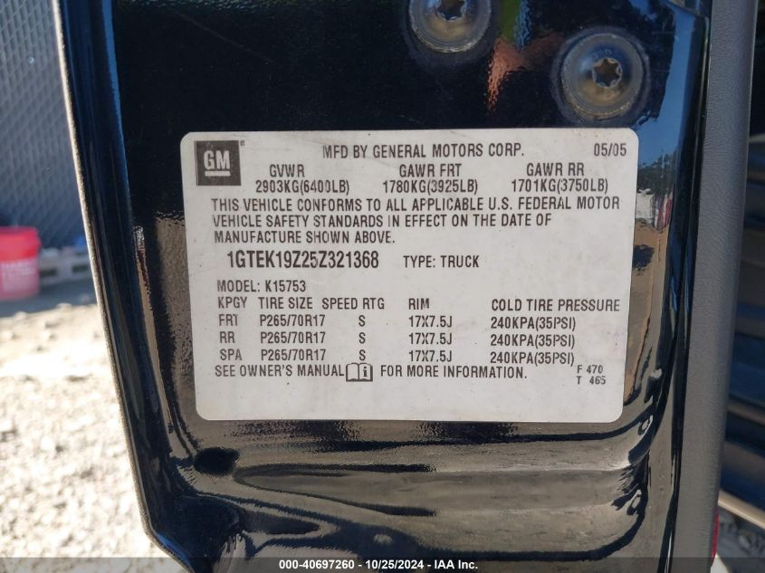 2005 GMC Sierra 1500 Slt VIN: 1GTEK19Z25Z321368 Lot: 40697260