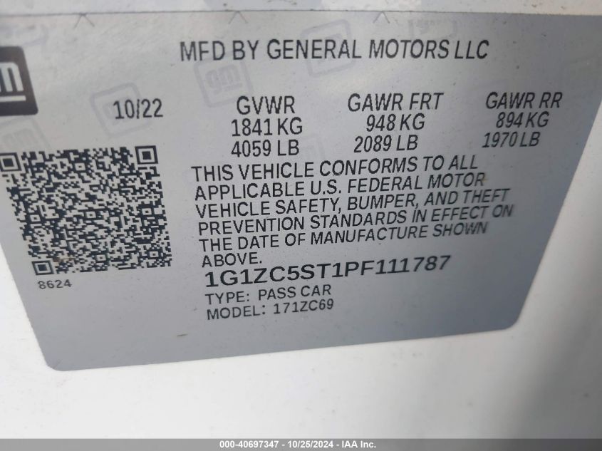 2023 Chevrolet Malibu Fwd 1Fl VIN: 1G1ZC5ST1PF111787 Lot: 40697347