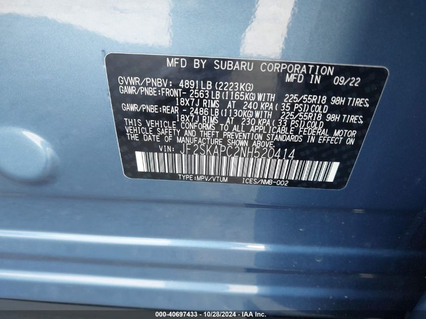 2022 Subaru Forester Limited VIN: JF2SKAPC2NH520414 Lot: 40697433