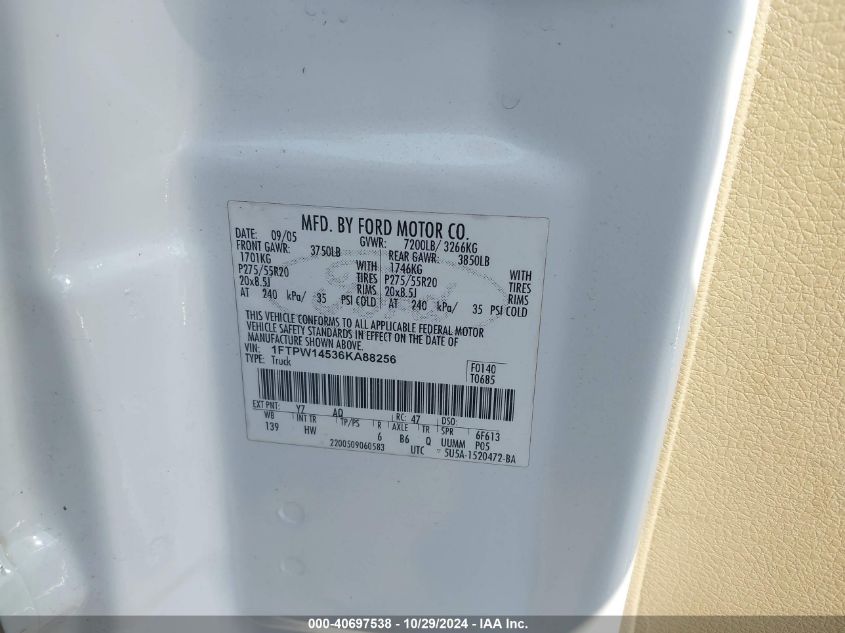 2006 Ford F-150 Fx4/Lariat/Xlt VIN: 1FTPW14536KA88256 Lot: 40697538