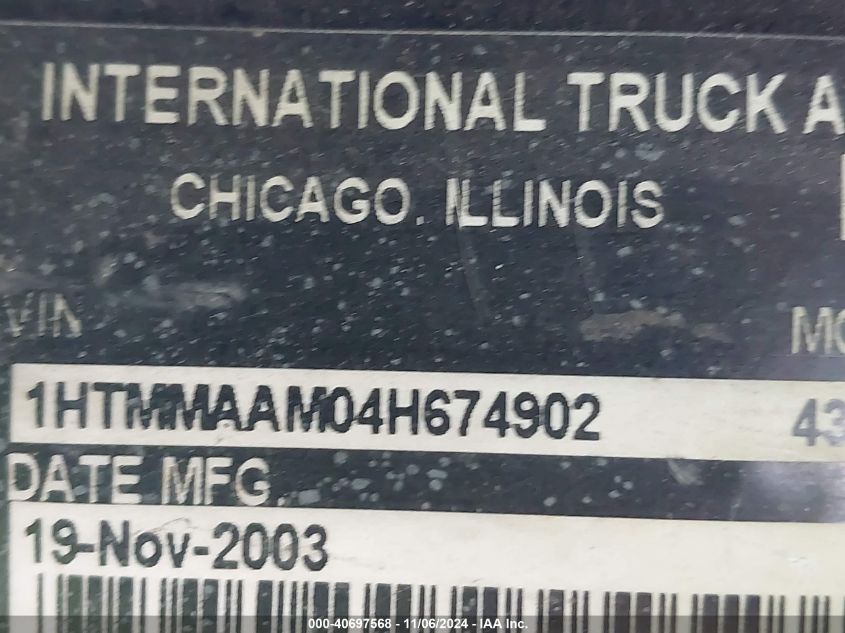 2004 International 4000 4300 VIN: 1HTMMAAM04H674902 Lot: 40697568