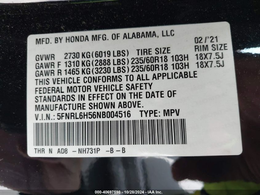 2022 Honda Odyssey Ex VIN: 5FNRL6H56NB004516 Lot: 40697598