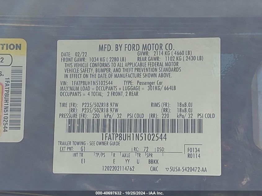 2022 Ford Mustang Ecoboost Premium VIN: 1FATP8UH1N5102544 Lot: 40697632