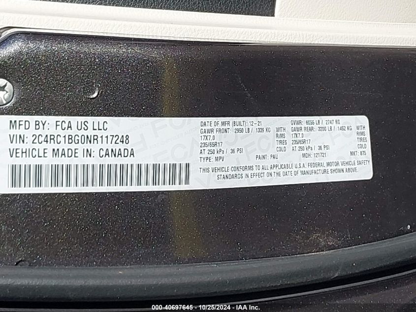 2022 Chrysler Pacifica Touring L VIN: 2C4RC1BG0NR117248 Lot: 40697645