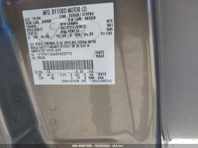 2005 Ford F-150 Lariat/Xlt VIN: 1FTPW12565FA22715 Lot: 40697666