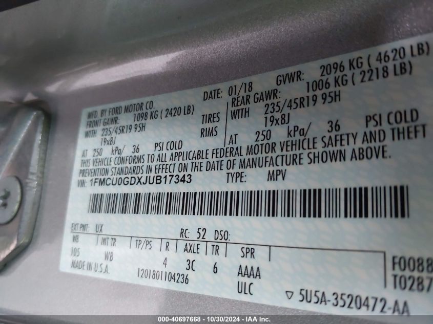 2018 Ford Escape Se VIN: 1FMCU0GDXJUB17343 Lot: 40697668