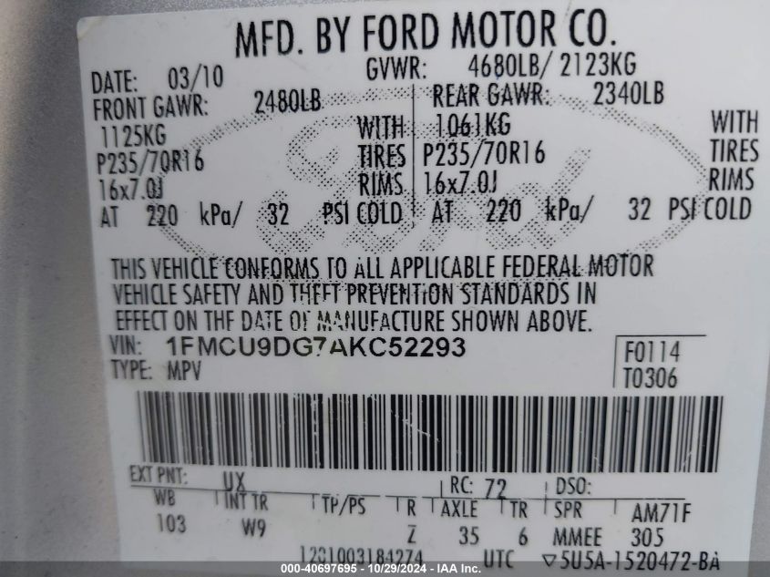 2010 Ford Escape Xlt VIN: 1FMCU9DG7AKC52293 Lot: 40697695