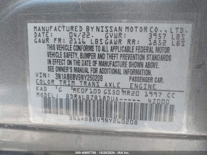 2022 Nissan Sentra S Xtronic Cvt VIN: 3N1AB8BV9NY260208 Lot: 40697708