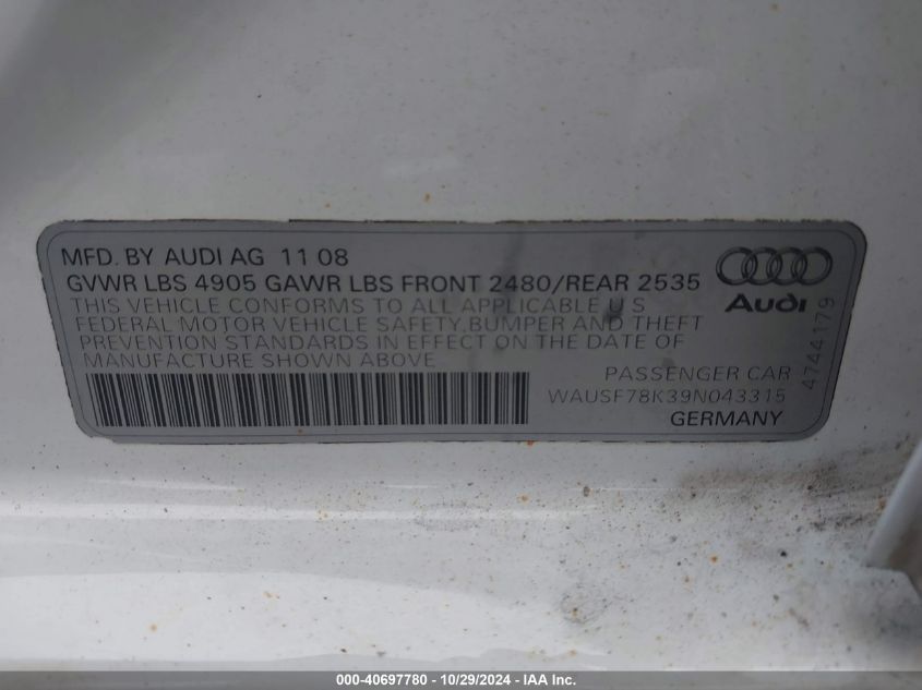 2009 Audi A4 2.0T Premium VIN: WAUSF78K39N043315 Lot: 40697780