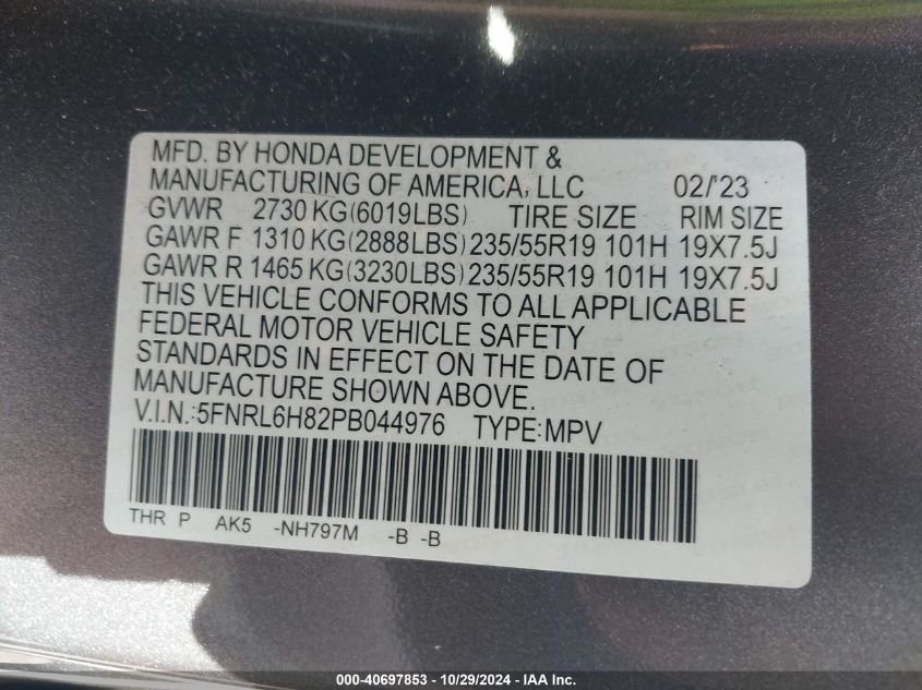 2023 Honda Odyssey Touring VIN: 5FNRL6H82PB044976 Lot: 40697853