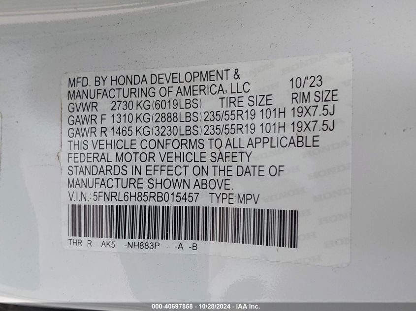 2024 Honda Odyssey Touring VIN: 5FNRL6H85RB015457 Lot: 40697858