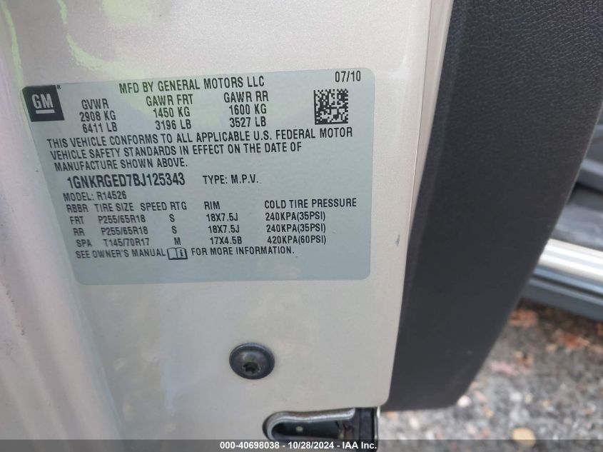 2011 Chevrolet Traverse 1Lt VIN: 1GNKRGED7BJL25343 Lot: 40698038