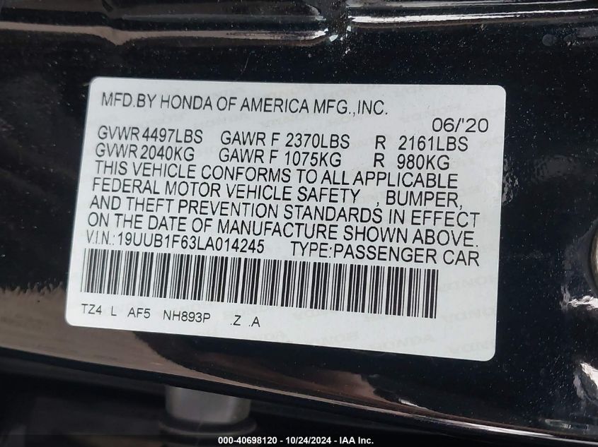 2020 Acura Tlx A-Spec/A-Spec W/Red Leather VIN: 19UUB1F63LA014245 Lot: 40698120