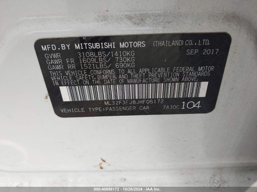 2018 Mitsubishi Mirage G4 Es VIN: ML32F3FJ8JHF05172 Lot: 40698172