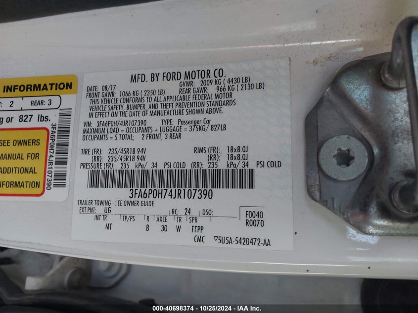 2018 FORD FUSION VIN: 3FA6P0H74JR107390