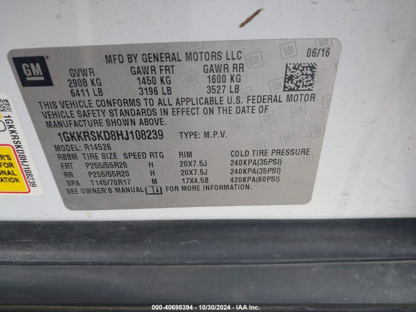 2017 GMC Acadia Limited VIN: 1GKKRSKD8HJ108239 Lot: 40698394