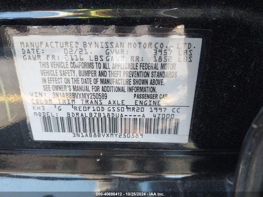 2021 Nissan Sentra S Xtronic Cvt VIN: 3N1AB8BVXMY250589 Lot: 40698412