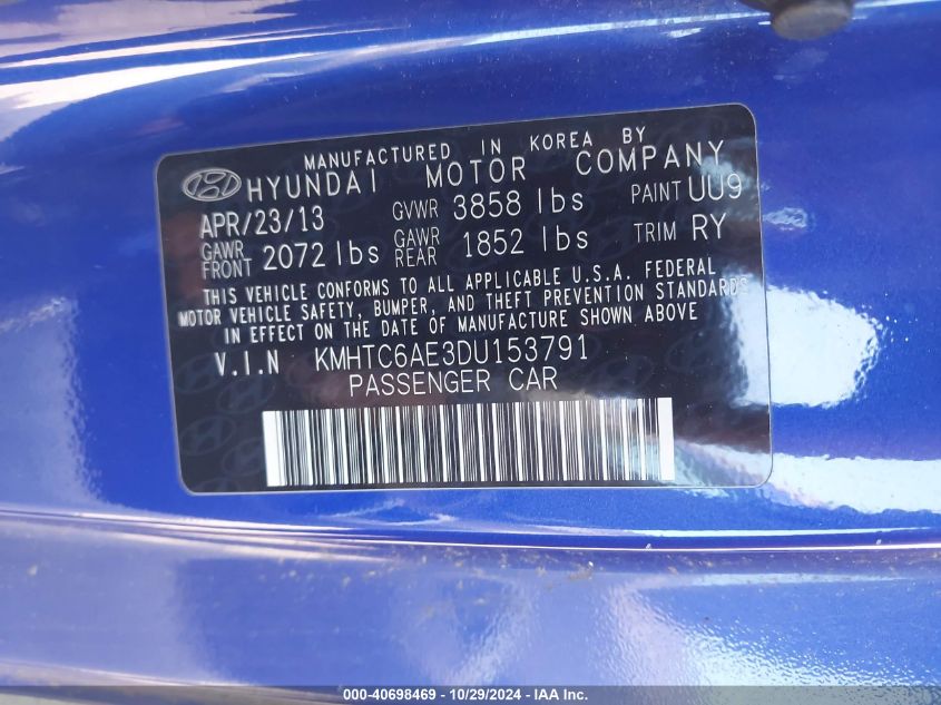 2013 Hyundai Veloster Turbo W/Black VIN: KMHTC6AE3DU153791 Lot: 40698469