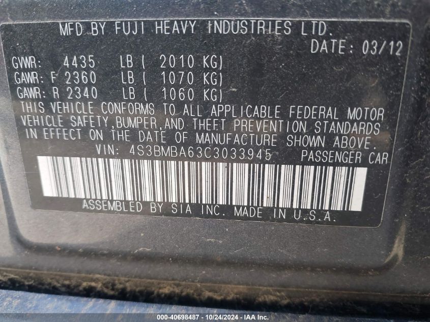 2012 Subaru Legacy 2.5I VIN: 4S3BMBA63C3033945 Lot: 42036712