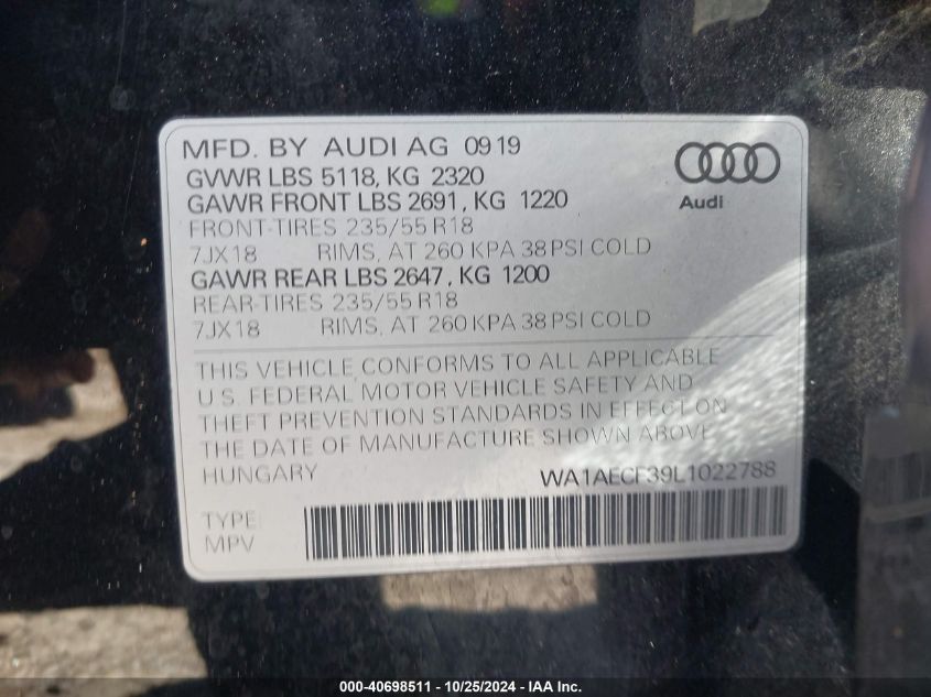 2020 Audi Q3 Premium 45 Tfsi Quattro Tiptronic VIN: WA1AECF39L1022788 Lot: 40698511