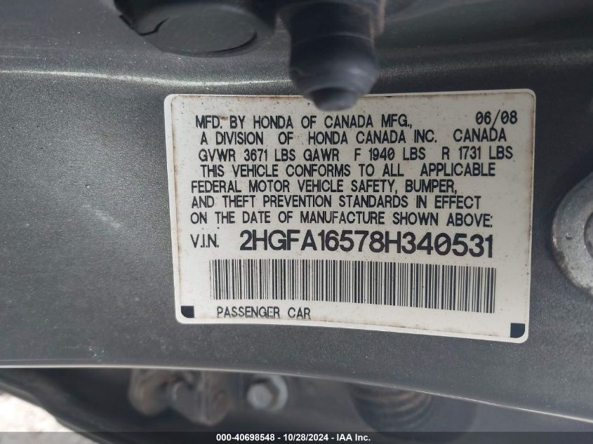 2008 Honda Civic Lx VIN: 2HGFA16578H340531 Lot: 40698548