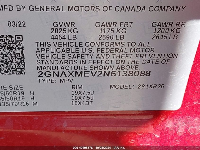 VIN 2GNAXMEV2N6138088 2022 CHEVROLET EQUINOX FWD RS