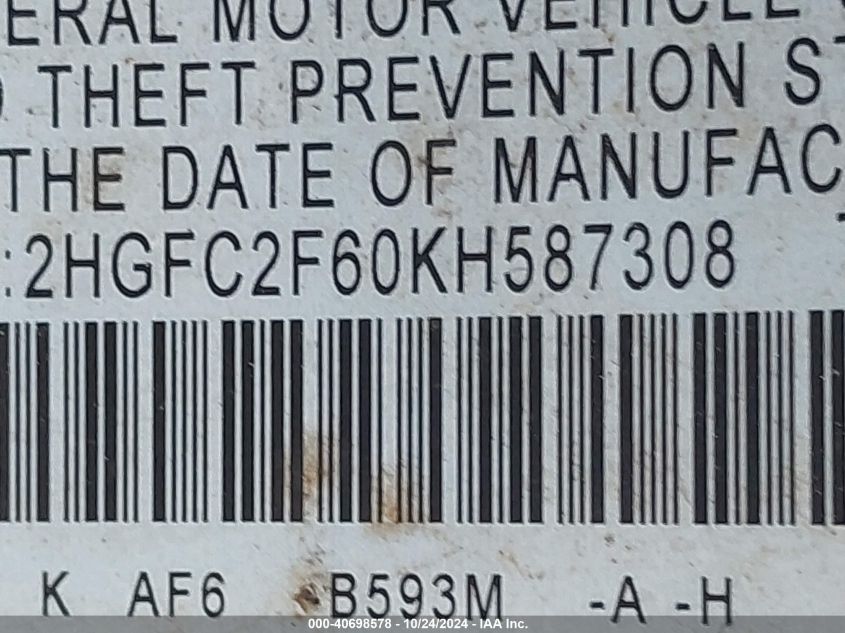 2019 Honda Civic Lx VIN: 2HGFC2F60KH587308 Lot: 40698578