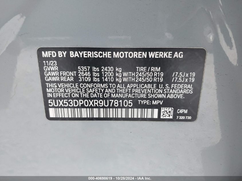 VIN 5UX53DP0XR9U78105 2024 BMW X3, Xdrive30I no.9