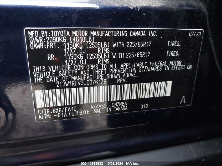 VIN 2T3W1RFV3LC076179 2020 TOYOTA RAV4 XLE