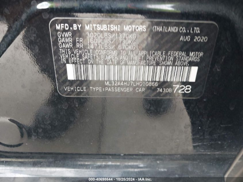 2020 Mitsubishi Mirage Se VIN: ML32A4HJ7LH010866 Lot: 40698644