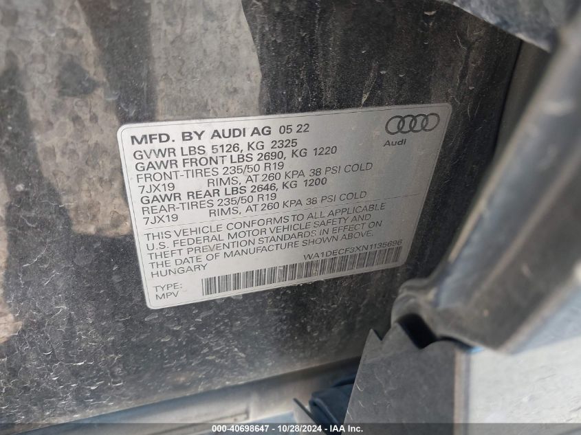 2022 Audi Q3 Premium 45 Tfsi S Line Quattro Tiptronic VIN: WA1DECF3XN1135696 Lot: 40698647