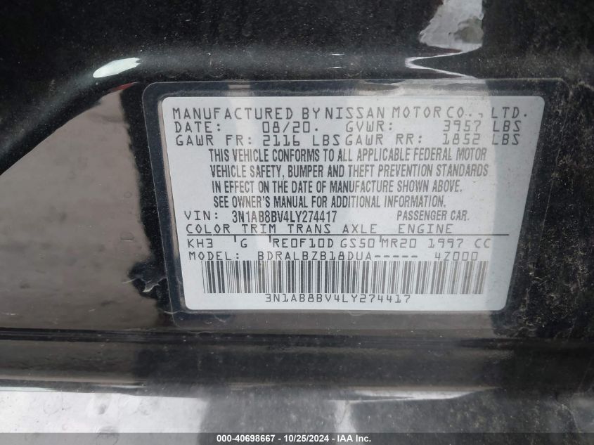 2020 Nissan Sentra S Xtronic Cvt VIN: 3N1AB8BV4LY274417 Lot: 40698667