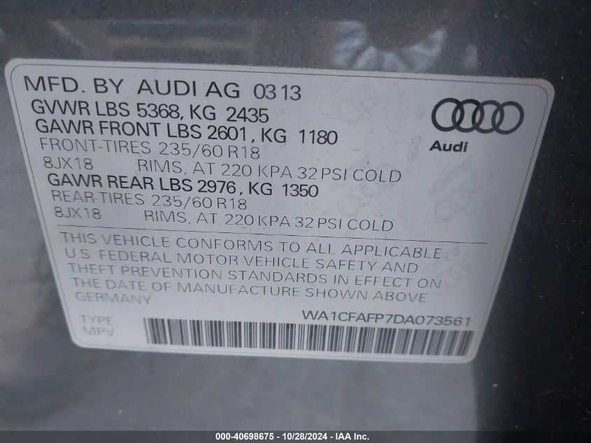 2013 Audi Q5 2.0T Premium VIN: WA1CFAFP7DA073561 Lot: 40698675