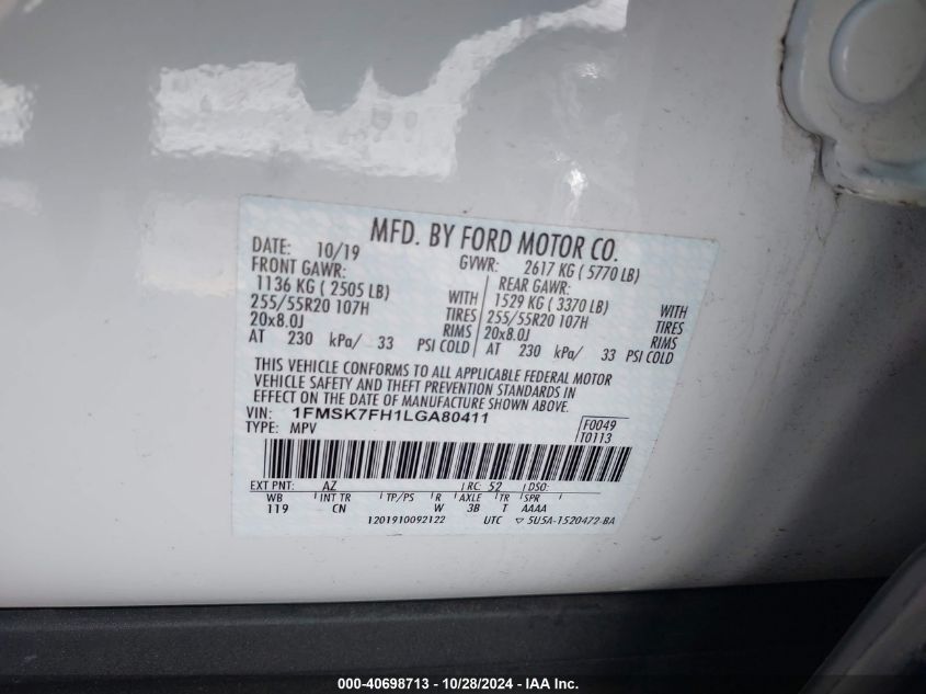 2020 Ford Explorer Limited VIN: 1FMSK7FH1LGA80411 Lot: 40698713