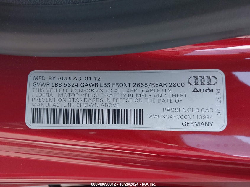 2012 Audi A7 Premium VIN: WAU3GAFC0CN113984 Lot: 40698812