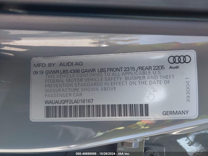 2020 Audi A3 Premium 40 Tfsi Front-Wheel Drive S Tronic VIN: WAUAUGFF2LA018167 Lot: 40698858