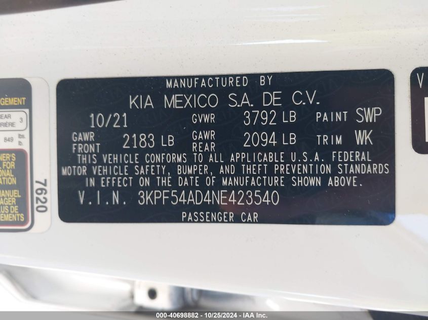 2022 Kia Forte Gt-Line VIN: 3KPF54AD4NE423540 Lot: 40698882