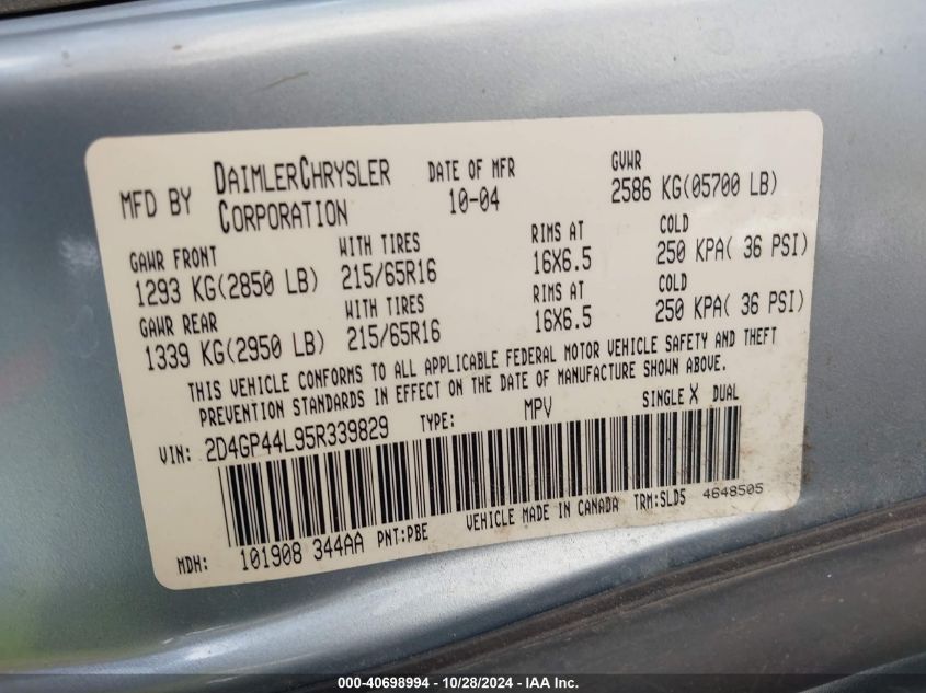 2005 Dodge Grand Caravan Sxt VIN: 2D4GP44L95R339829 Lot: 40698994