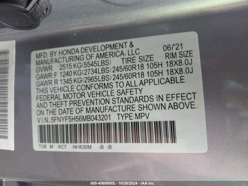 2021 Honda Pilot 2Wd Ex-L VIN: 5FNYF5H56MB043201 Lot: 40699002