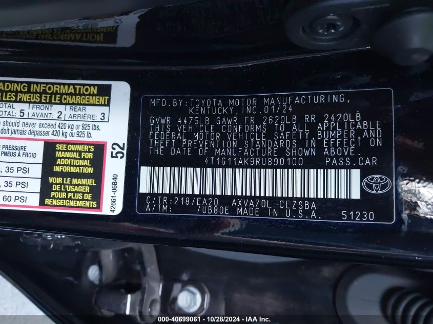 VIN 4T1G11AK9RU890100 2024 Toyota Camry, SE no.9