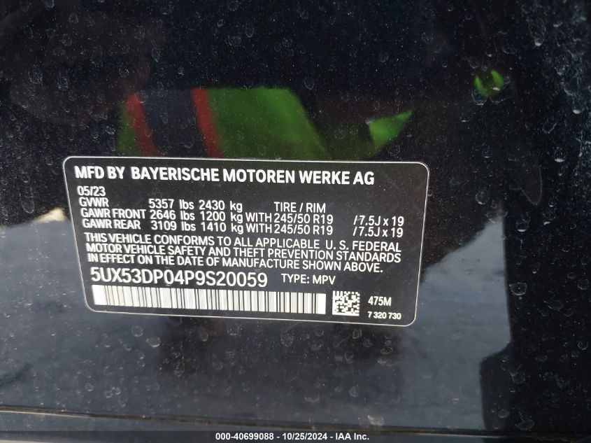 2023 BMW X3 xDrive30I VIN: 5UX53DP04P9S20059 Lot: 40699088