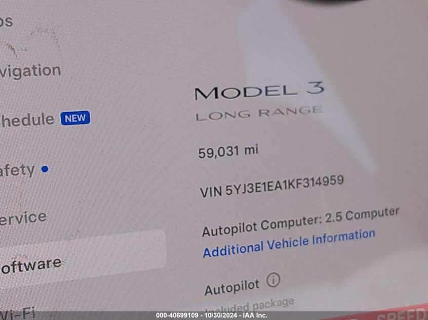 2019 Tesla Model 3 Long Range/Mid Range/Standard Range/Standard Range Plus VIN: 5YJ3E1EA1KF314959 Lot: 40699109