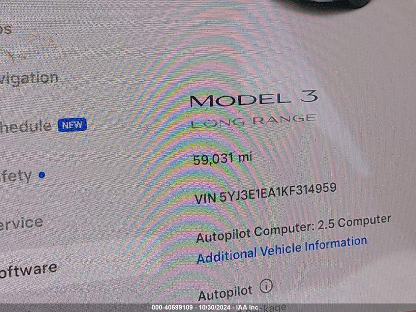 2019 Tesla Model 3 Long Range/Mid Range/Standard Range/Standard Range Plus VIN: 5YJ3E1EA1KF314959 Lot: 40699109