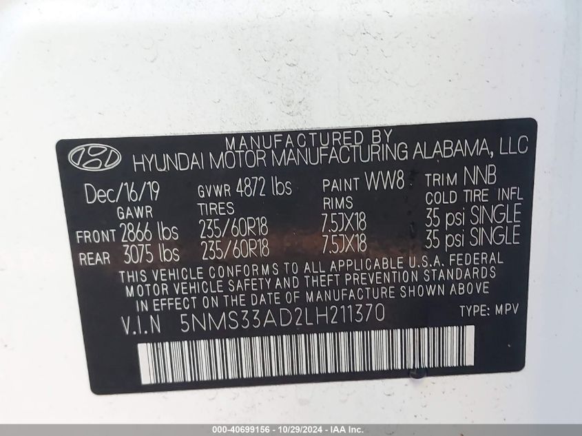 2020 Hyundai Santa Fe Sel VIN: 5NMS33AD2LH211370 Lot: 40699156