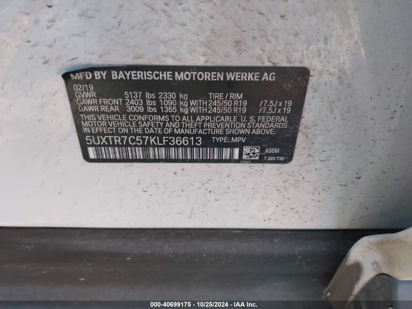 VIN 5UXTR7C57KLF36613 2019 BMW X3 SDRIVE30I
