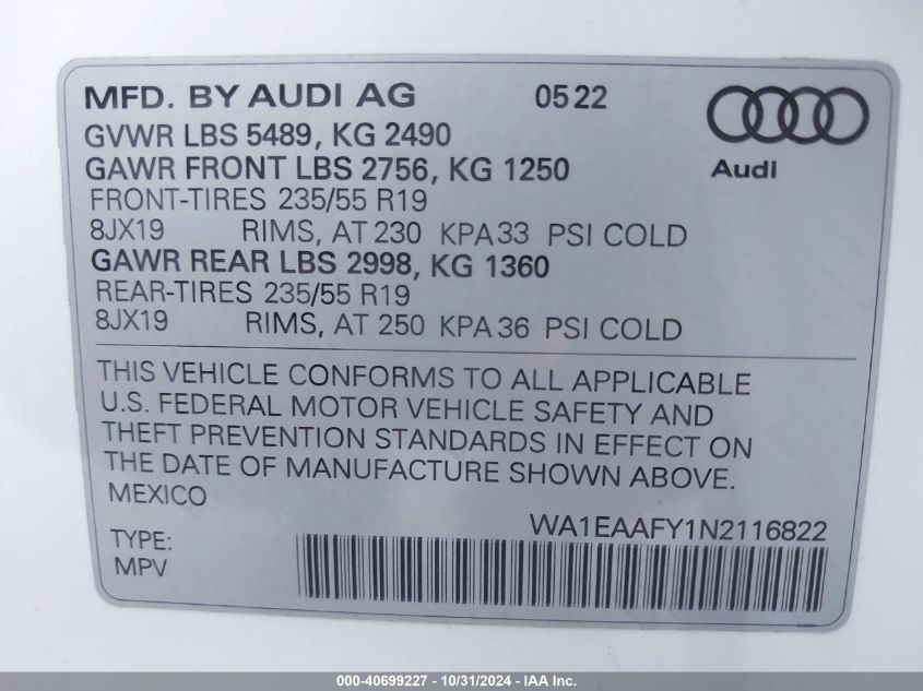 2022 Audi Q5 Premium Plus 45 Tfsi S Line Quattro S Tronic VIN: WA1EAAFY1N2116822 Lot: 40699227