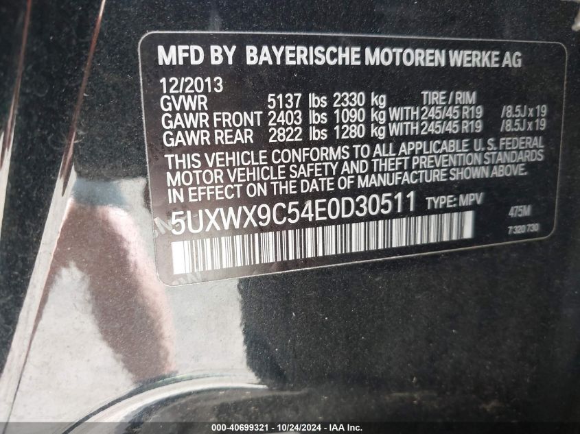 2014 BMW X3 xDrive28I VIN: 5UXWX9C54E0D30511 Lot: 40699321