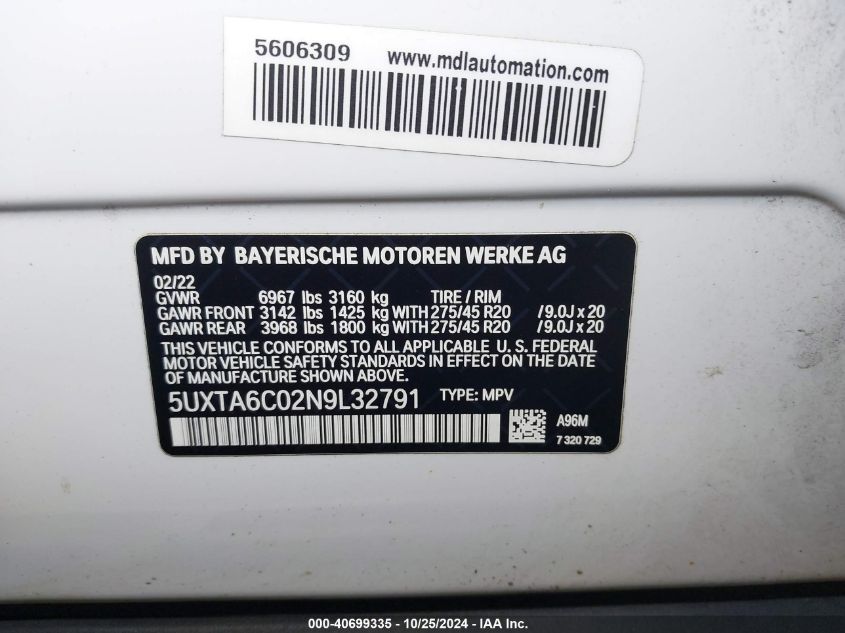 2022 BMW X5 Phev xDrive45E VIN: 5UXTA6C02N9L32791 Lot: 40699335